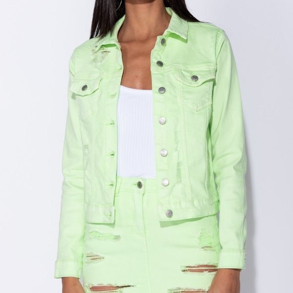 Rumors Neon Green Distressed Denim Jean Jacket - Picture 4 of 11